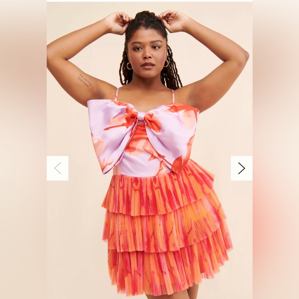 Hutch Pink and Orange Bow-Front Tiered Mini Dress